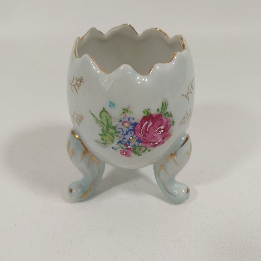 Vintage‎ Napcoware Footed Cracked Egg Vase Blue, Pink Roses Hand Painted
